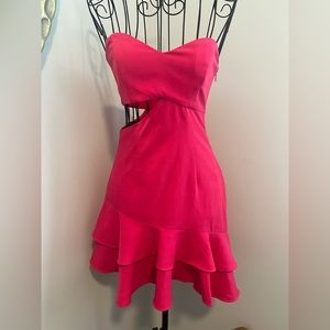 Strapless Pink Mini Dress with cutout and ruffle